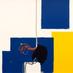 Suprematist abstract painting in the style of Kazimir Malevich, featuring a cracked electrical junction box with tangled wires and a dark scorch mark. Minimalist composition of bold navy blue and vibrant yellow geometric shapes on a stark white background. Flat textures, sharp edges, avant-garde electrical concept, high contrast, clean vector-like finish. No humans, no people, no hands, no text, no lettering, no numbers, no watermark, no logo.