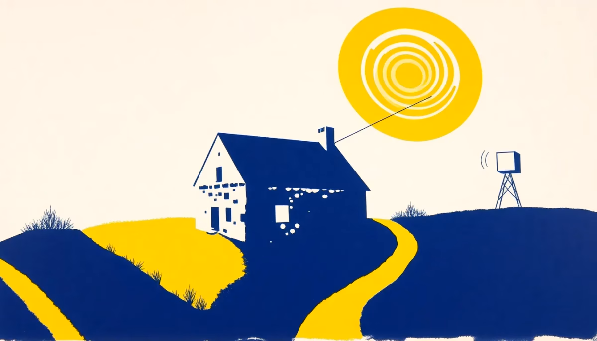 Suprematist abstract painting in the style of Kazimir Malevich: a rural stone farmhouse linked to a distant communications box by bold geometric signal waves. Minimalist composition of bold navy blue and vibrant yellow geometric shapes on a stark white background. Flat textures, sharp edges, avant-garde electrical concept. No humans, no text, no lettering, no logos.