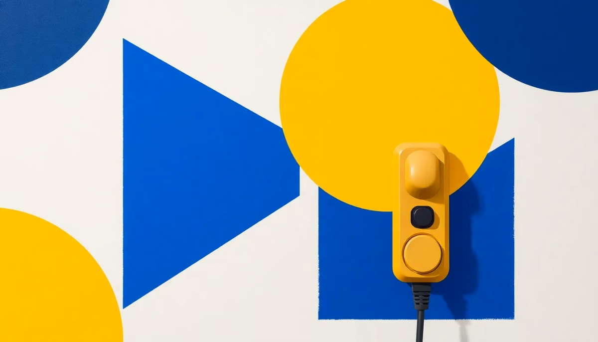 Suprematist abstract painting in the style of Kazimir Malevich depicting an accessible EV charging station with a large ergonomic connector and simple physical buttons. Minimalist composition of bold navy blue and vibrant yellow geometric shapes on a stark white background. Flat textures, sharp edges, avant-garde electrical concept. No humans, no text.