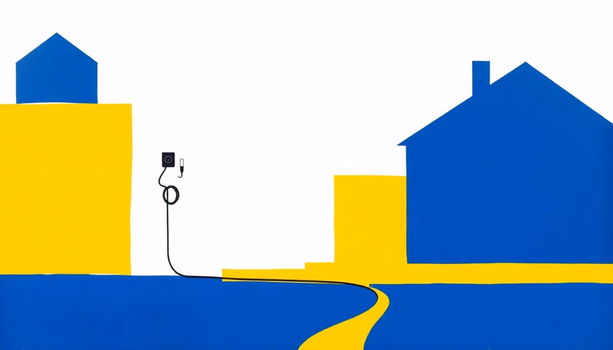 Suprematist abstract painting by Kazimir Malevich featuring a rural charging station: a minimalist wall-mounted charging box with a coiled cable, a simple house silhouette and a long cable path crossing a courtyard. Minimalist composition of bold navy blue and vibrant yellow geometric shapes on a stark white background. Flat textures, sharp edges, avant-garde electrical concept. No humans, no text, no overlay.