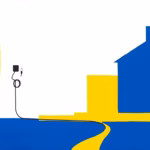 Suprematist abstract painting by Kazimir Malevich featuring a rural charging station: a minimalist wall-mounted charging box with a coiled cable, a simple house silhouette and a long cable path crossing a courtyard. Minimalist composition of bold navy blue and vibrant yellow geometric shapes on a stark white background. Flat textures, sharp edges, avant-garde electrical concept. No humans, no text, no overlay.
