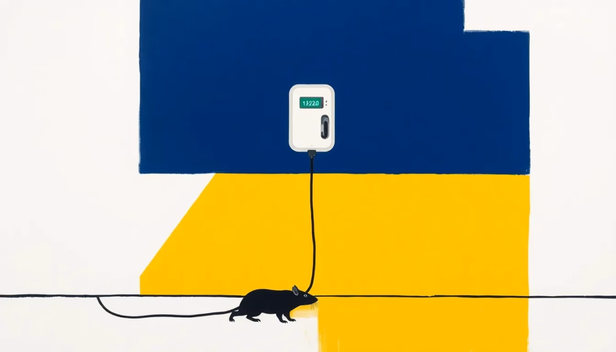 Suprematist abstract painting by Kazimir Malevich featuring an electric vehicle charging station mounted on a barn wall, a thick armored cable running down to the ground, and a tiny angular rodent silhouette approaching it. Minimalist composition of bold navy blue and vibrant yellow geometric shapes on a stark white background. Flat textures, sharp edges, avant-garde electrical concept. No humans, no text, no letters, no logos, no watermark, no text overlay.