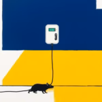 Suprematist abstract painting by Kazimir Malevich featuring an electric vehicle charging station mounted on a barn wall, a thick armored cable running down to the ground, and a tiny angular rodent silhouette approaching it. Minimalist composition of bold navy blue and vibrant yellow geometric shapes on a stark white background. Flat textures, sharp edges, avant-garde electrical concept. No humans, no text, no letters, no logos, no watermark, no text overlay.