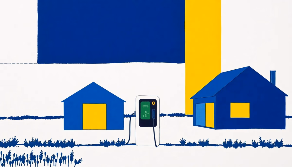 Suprematist abstract painting by Kazimir Malevich featuring a shared electric vehicle charging station standing between two rural houses. Minimalist composition of bold navy blue and vibrant yellow geometric shapes on a stark white background. Flat textures, sharp edges, avant-garde electrical concept. ##no humans##, ##no text##