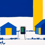 Suprematist abstract painting by Kazimir Malevich featuring a shared electric vehicle charging station standing between two rural houses. Minimalist composition of bold navy blue and vibrant yellow geometric shapes on a stark white background. Flat textures, sharp edges, avant-garde electrical concept. ##no humans##, ##no text##