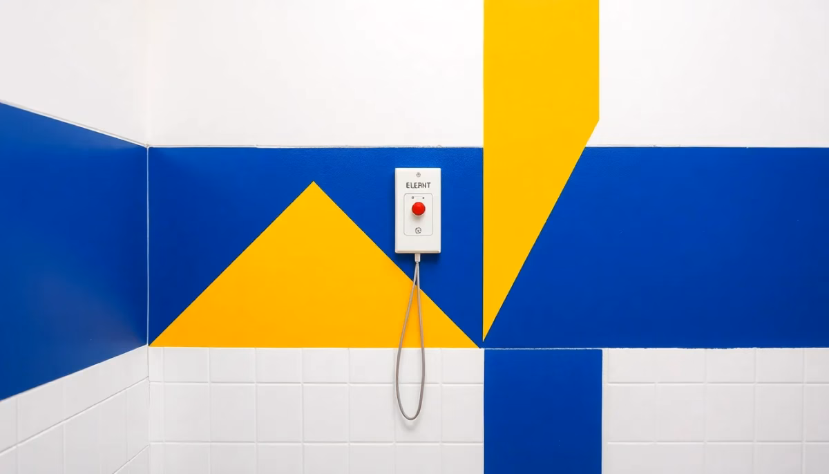 Suprematist abstract painting by Kazimir Malevich featuring a wall-mounted emergency alert button with a pull cord in a tiled bathroom. Minimalist composition of bold navy blue and vibrant yellow geometric shapes on a stark white background. Flat textures, sharp edges, avant-garde electrical concept. No humans, no text.