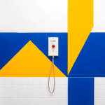 Suprematist abstract painting by Kazimir Malevich featuring a wall-mounted emergency alert button with a pull cord in a tiled bathroom. Minimalist composition of bold navy blue and vibrant yellow geometric shapes on a stark white background. Flat textures, sharp edges, avant-garde electrical concept. No humans, no text.