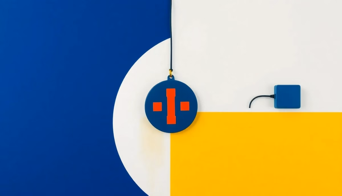Suprematist abstract painting in the style of Kazimir Malevich featuring an emergency pendant alarm medallion and a compact teleassistance alarm box linked by a thin diagonal cable. Minimalist composition of bold navy blue and vibrant yellow geometric shapes on a stark white background. Flat textures, sharp edges, avant-garde electrical concept. No humans, no text, no letters, no numbers, no watermark.