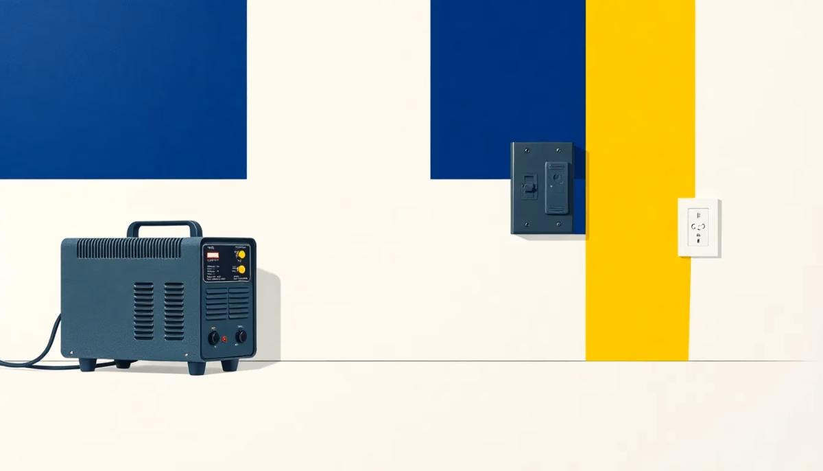 Suprematist abstract painting by Kazimir Malevich featuring a compact inverter welding machine beside an electrical breaker panel and a wall socket. Minimalist composition of bold navy blue and vibrant yellow geometric shapes on a stark white background. Flat textures, sharp edges, avant-garde electrical concept. No humans, no text overlay.