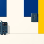 Suprematist abstract painting by Kazimir Malevich featuring a compact inverter welding machine beside an electrical breaker panel and a wall socket. Minimalist composition of bold navy blue and vibrant yellow geometric shapes on a stark white background. Flat textures, sharp edges, avant-garde electrical concept. No humans, no text overlay.
