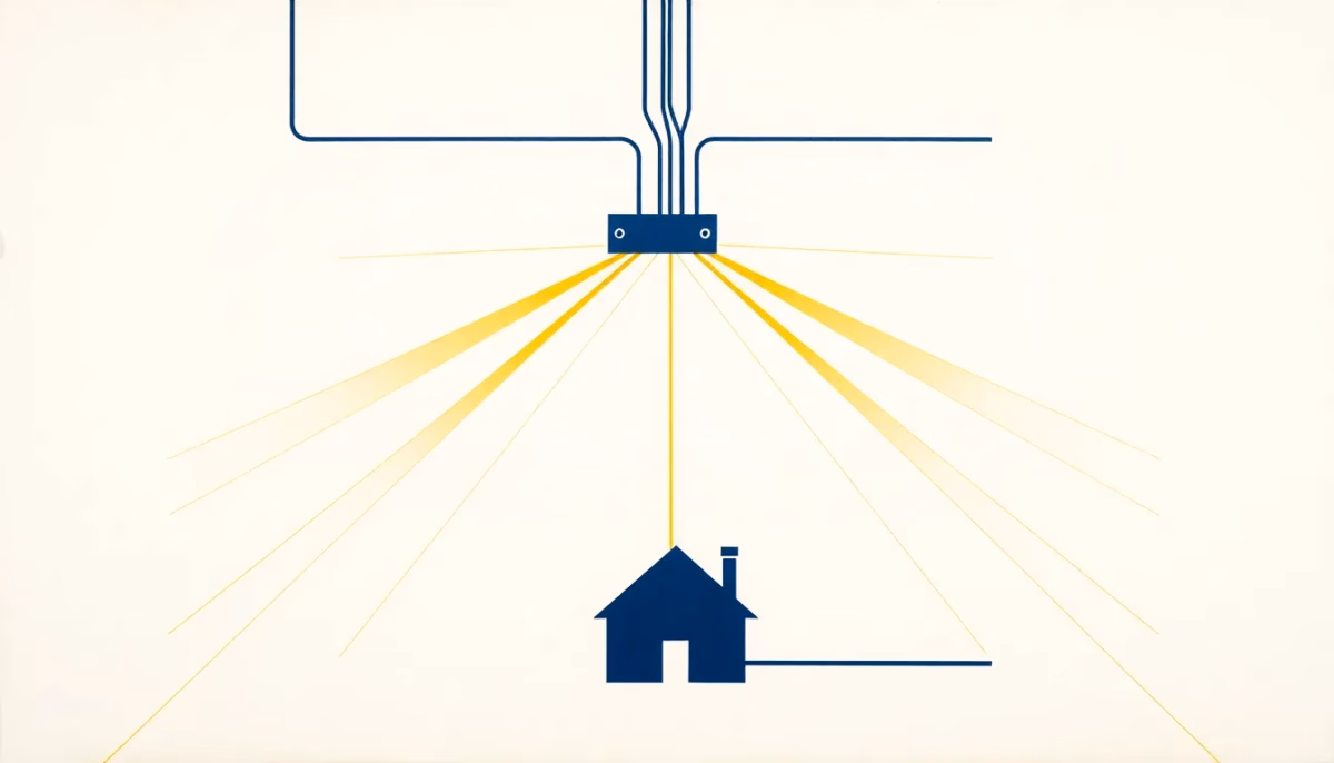 Suprematist abstract painting inspired by Kazimir Malevich illustrating a home network cabling concept: a stylized electrical distribution board with geometric cable lines radiating toward a small house silhouette. Minimalist composition of bold navy blue and vibrant yellow geometric shapes on a stark white background. Flat textures, sharp edges, avant-garde electrical concept, no humans, no text, no letters, no numbers, no watermark.