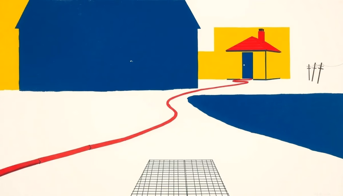 Suprematist abstract painting by Kazimir Malevich featuring a buried electrical cable trench running from a house toward a small garden outbuilding, with a red conduit and a warning mesh grid under the soil line. Minimalist composition of bold navy blue and vibrant yellow geometric shapes on a stark white background. Flat textures, sharp edges, avant-garde electrical concept. No humans, no text.