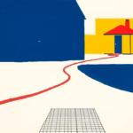 Suprematist abstract painting by Kazimir Malevich featuring a buried electrical cable trench running from a house toward a small garden outbuilding, with a red conduit and a warning mesh grid under the soil line. Minimalist composition of bold navy blue and vibrant yellow geometric shapes on a stark white background. Flat textures, sharp edges, avant-garde electrical concept. No humans, no text.