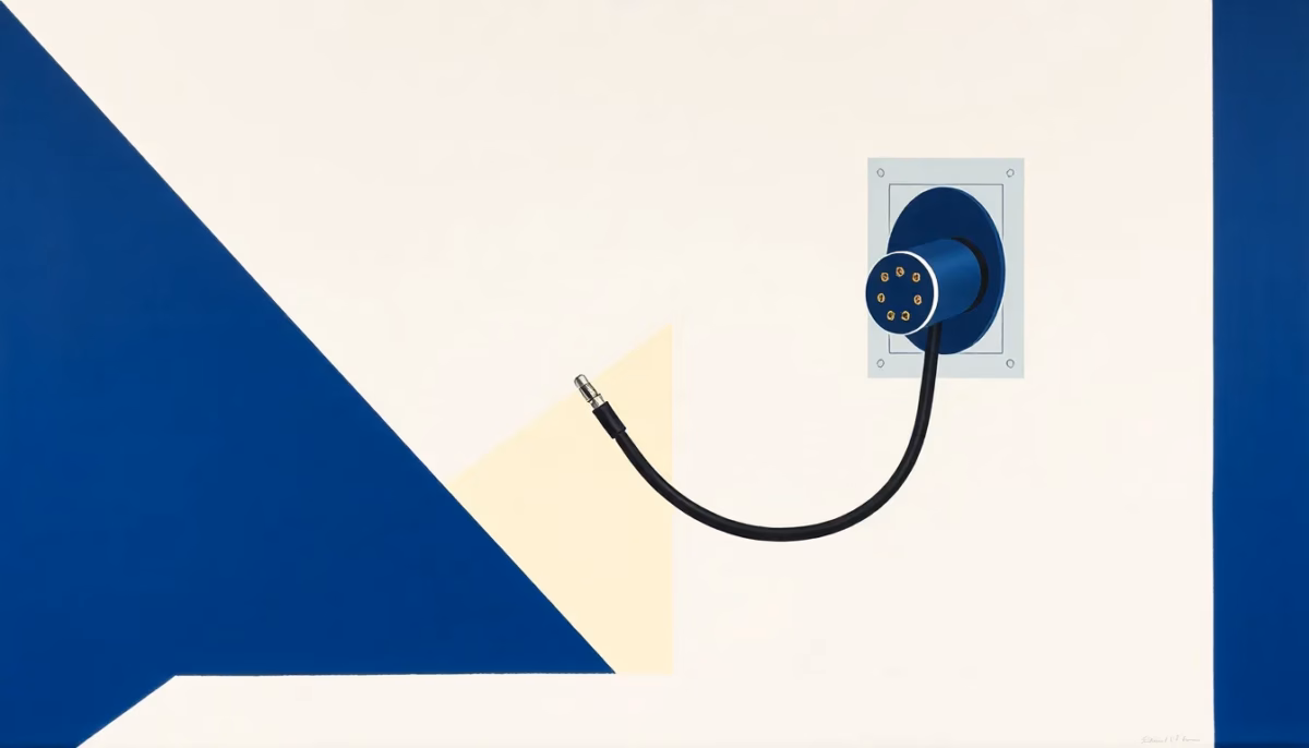 Suprematist abstract painting by Kazimir Malevich featuring a coiled electric vehicle charging cable with a round seven-pin Type 2 connector stretching toward a floating wallbox shape. Minimalist composition of bold navy blue and vibrant yellow geometric shapes on a stark white background. Flat textures, sharp edges, avant-garde electrical concept. No humans, no text, no letters, no numbers, no overlay.
