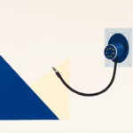 Suprematist abstract painting by Kazimir Malevich featuring a coiled electric vehicle charging cable with a round seven-pin Type 2 connector stretching toward a floating wallbox shape. Minimalist composition of bold navy blue and vibrant yellow geometric shapes on a stark white background. Flat textures, sharp edges, avant-garde electrical concept. No humans, no text, no letters, no numbers, no overlay.