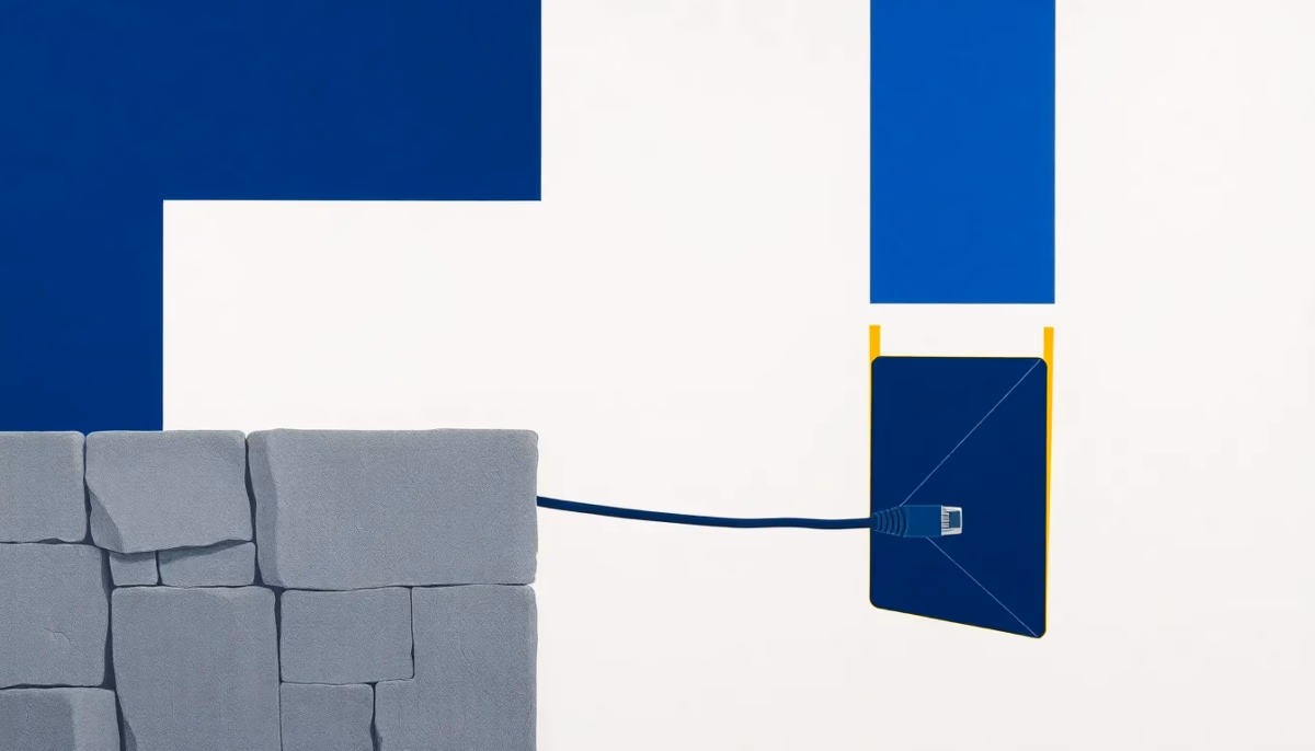 Suprematist abstract painting in the style of Kazimir Malevich: a stylized Ethernet cable crossing a thick stone wall toward a geometric router. Minimalist composition of bold navy blue and vibrant yellow geometric shapes on a stark white background. Flat textures, sharp edges, avant-garde electrical concept, no humans, no text, no letters, no watermark, clean vector-like rendering, high contrast.