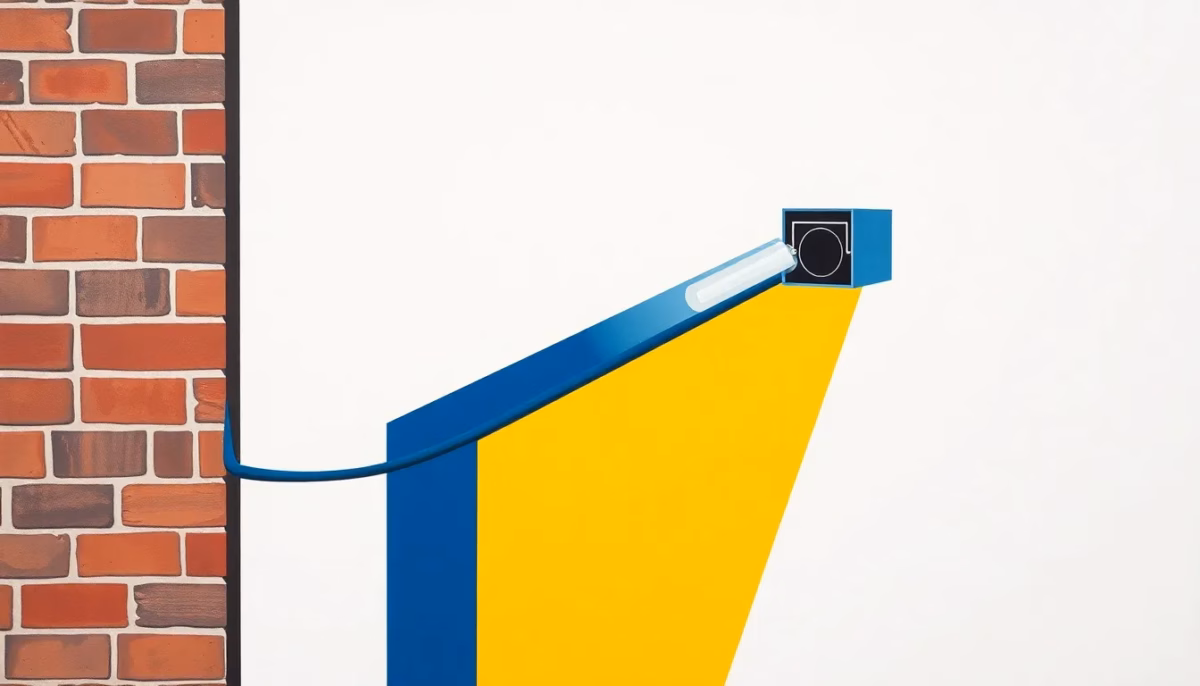 Suprematist abstract painting by Kazimir Malevich featuring a geometric outdoor Ethernet cable running along a brick wall toward a stylized IP surveillance camera protected by a junction box. Minimalist composition of bold navy blue and vibrant yellow geometric shapes on a stark white background. Flat textures, sharp edges, avant-garde electrical concept. No humans, no text, no lettering, no overlay.