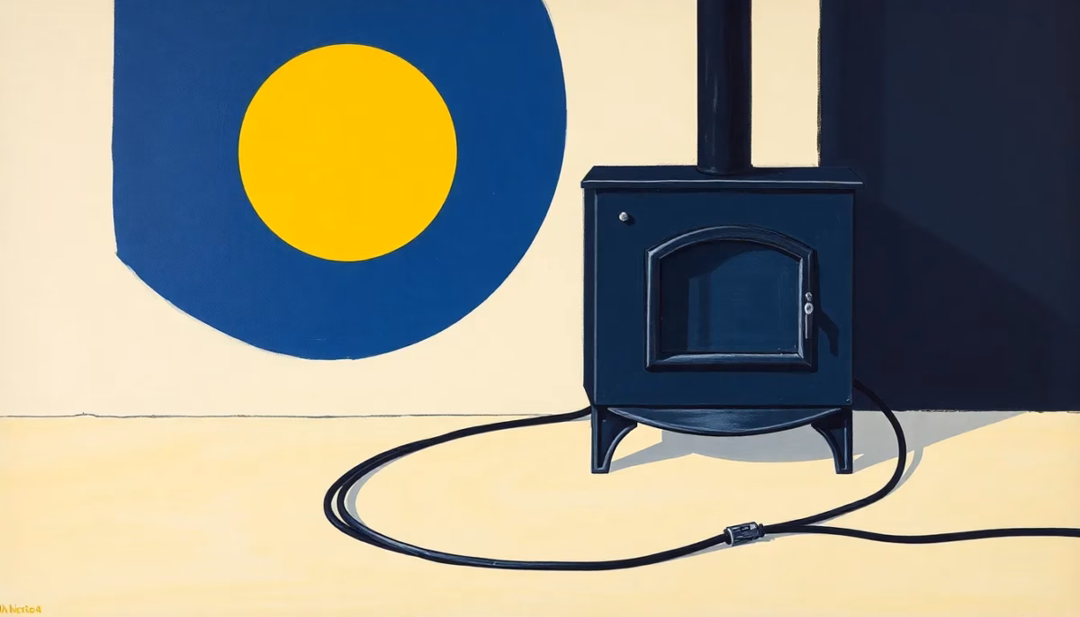 Suprematist abstract painting by Kazimir Malevich featuring a cast-iron wood stove with a protected electrical cable running along the floor, separated by a metallic heat shield. Minimalist composition of bold navy blue and vibrant yellow geometric shapes on a stark white background. Flat textures, sharp edges, avant-garde electrical safety concept. No humans, no text.