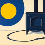 Suprematist abstract painting by Kazimir Malevich featuring a cast-iron wood stove with a protected electrical cable running along the floor, separated by a metallic heat shield. Minimalist composition of bold navy blue and vibrant yellow geometric shapes on a stark white background. Flat textures, sharp edges, avant-garde electrical safety concept. No humans, no text.
