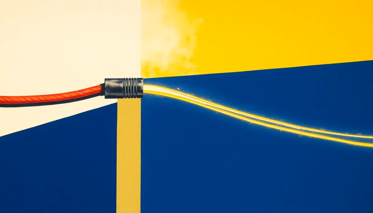 Suprematist abstract painting by Kazimir Malevich featuring an antique copper telephone cable morphing into a sleek glowing fibre optic strand. Minimalist composition of bold navy blue and vibrant yellow geometric shapes on a stark white background. Flat textures, sharp edges, avant-garde electrical concept. No humans, no text, no letters, no watermark, no logo.