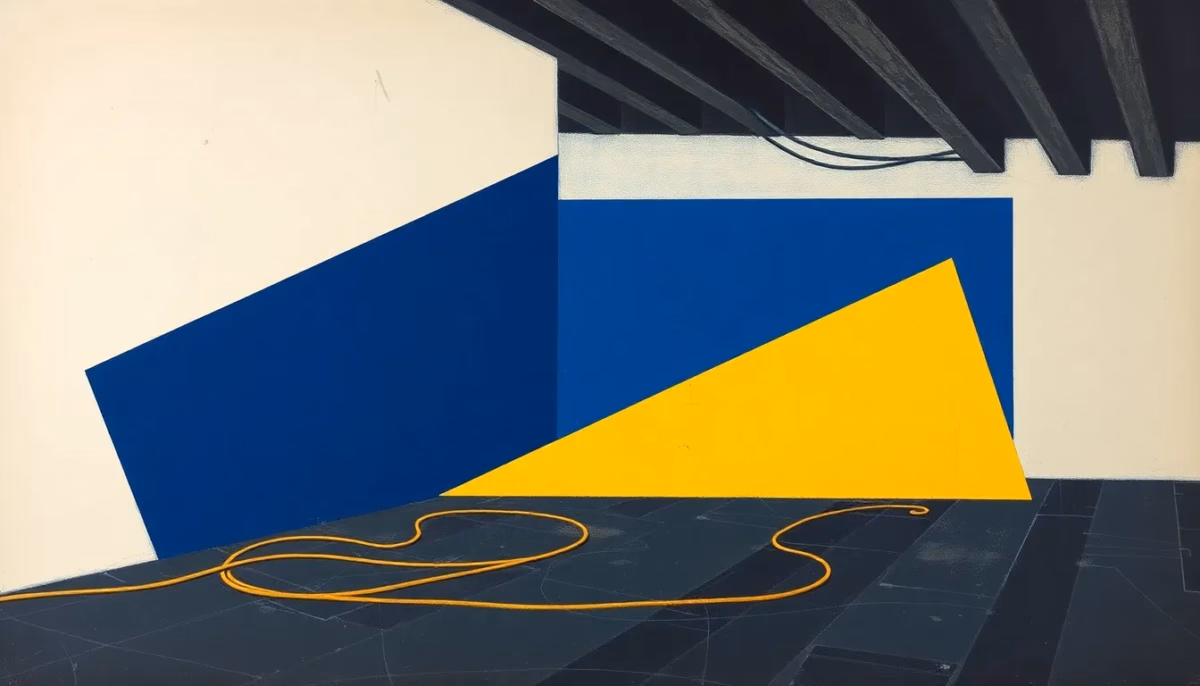 Suprematist abstract painting by Kazimir Malevich featuring old fabric-insulated electrical cables running across the dusty floor of a dark attic. Minimalist composition of bold navy blue and vibrant yellow geometric shapes on a stark white background. Flat textures, sharp edges, avant-garde electrical concept. No humans, no text, no lettering, no overlay.