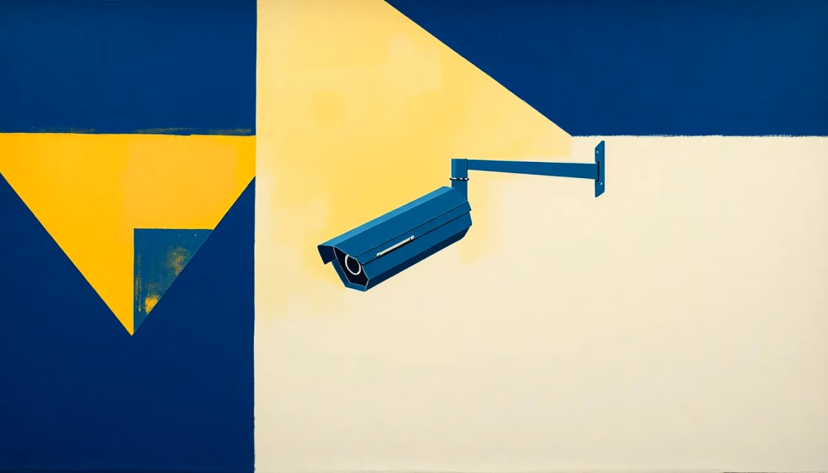 Suprematist abstract painting in the style of Kazimir Malevich depicting an outdoor surveillance camera at night, minimalist composition of bold navy blue and vibrant yellow geometric shapes on a stark white background, flat textures, sharp edges, avant-garde electrical concept, no humans, no text, no letters, no watermark