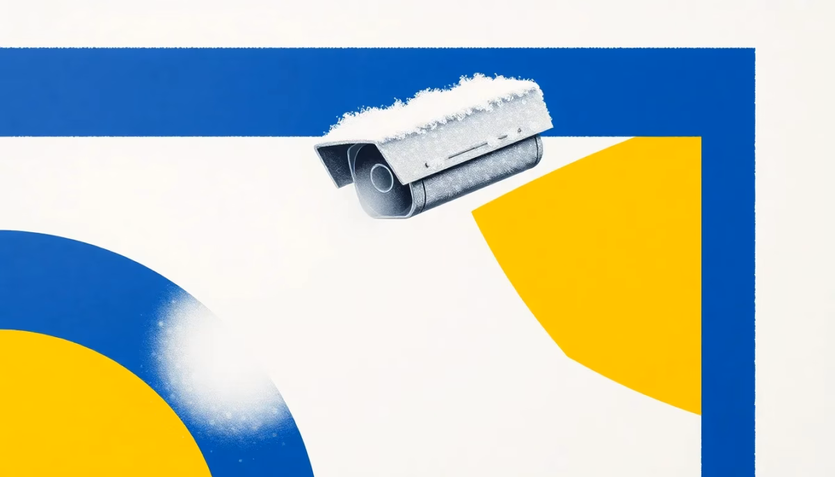 Suprematist abstract painting in the style of Kazimir Malevich featuring a frost-covered weatherproof outdoor surveillance camera emerging from thick fog. Minimalist composition of bold navy blue and vibrant yellow geometric shapes on a stark white background. Flat textures, sharp edges, avant-garde electrical concept. No humans, no text, no logos, no watermark.