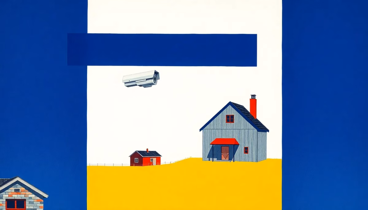 Suprematist abstract painting by Kazimir Malevich featuring a solar-powered outdoor surveillance camera mounted on the brick wall of a remote countryside house with a detached barn. Minimalist composition of bold navy blue and vibrant yellow geometric shapes on a stark white background. Flat textures, sharp edges, avant-garde electrical concept. No humans, no text.