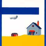 Suprematist abstract painting by Kazimir Malevich featuring a solar-powered outdoor surveillance camera mounted on the brick wall of a remote countryside house with a detached barn. Minimalist composition of bold navy blue and vibrant yellow geometric shapes on a stark white background. Flat textures, sharp edges, avant-garde electrical concept. No humans, no text.