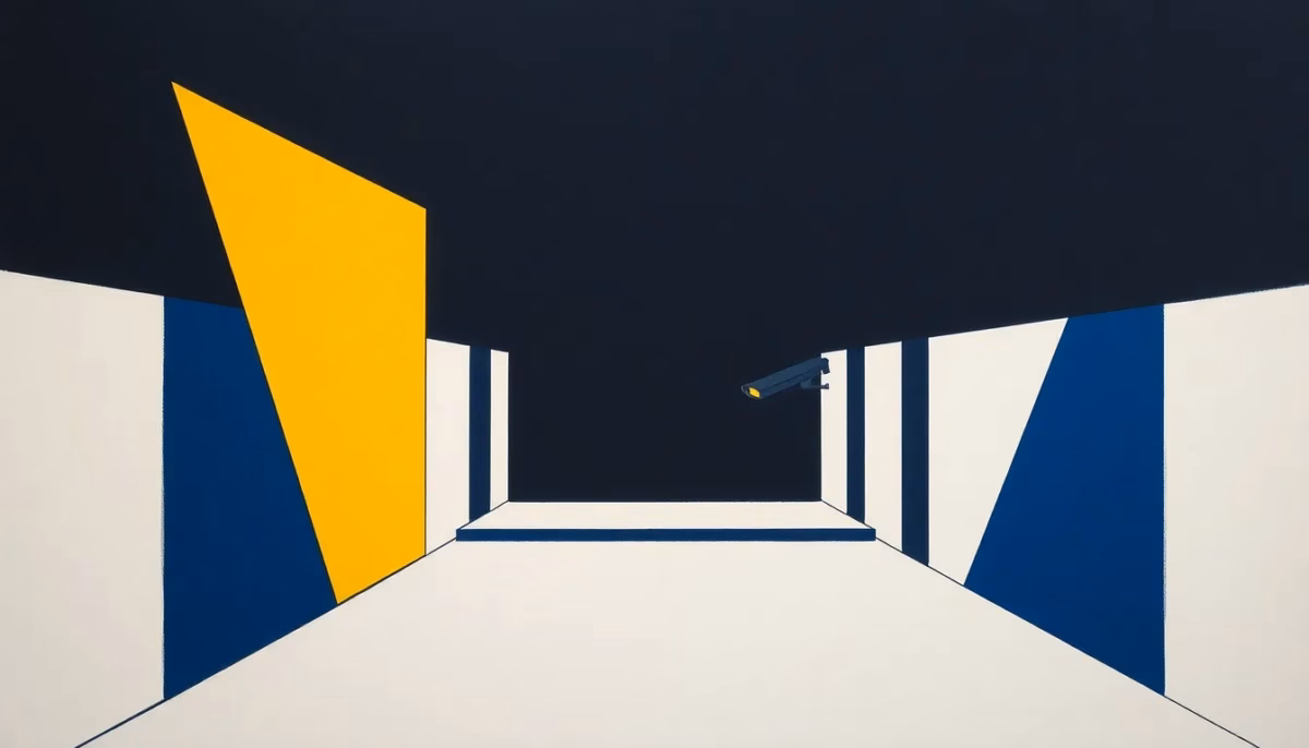 Suprematist abstract painting by Kazimir Malevich featuring a night-vision surveillance camera watching a dark enclosed courtyard. Minimalist composition of bold navy blue and vibrant yellow geometric shapes on a stark white background. Flat textures, sharp edges, avant-garde electrical concept. No humans, no text.