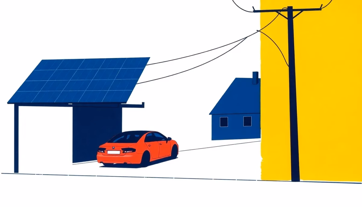 Suprematist abstract painting by Kazimir Malevich featuring a solar carport with photovoltaic panels sheltering a parked car, energy lines flowing toward a house. Minimalist composition of bold navy blue and vibrant yellow geometric shapes on a stark white background. Flat textures, sharp edges, avant-garde electrical concept. No humans, no text, no lettering, no overlay.