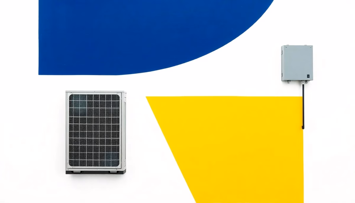 Suprematist abstract painting in the style of Kazimir Malevich featuring a wine cellar cooling unit connected to a backup battery system. Minimalist composition of bold navy blue and vibrant yellow geometric shapes on a stark white background. Flat textures, sharp edges, avant-garde electrical concept. No humans, no text, no lettering, no watermark, no signature.