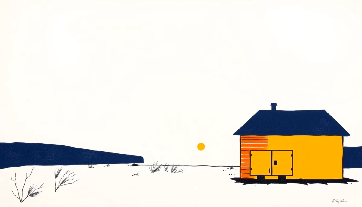 Suprematist abstract painting inspired by Kazimir Malevich: a remote wooden chalet with rooftop solar panels, a battery storage block and a diesel generator silhouette, minimalist composition of bold navy blue and vibrant yellow geometric shapes on a stark white background, flat textures, sharp edges, avant-garde electrical concept, no humans, no text, no letters, no numbers, no overlay.