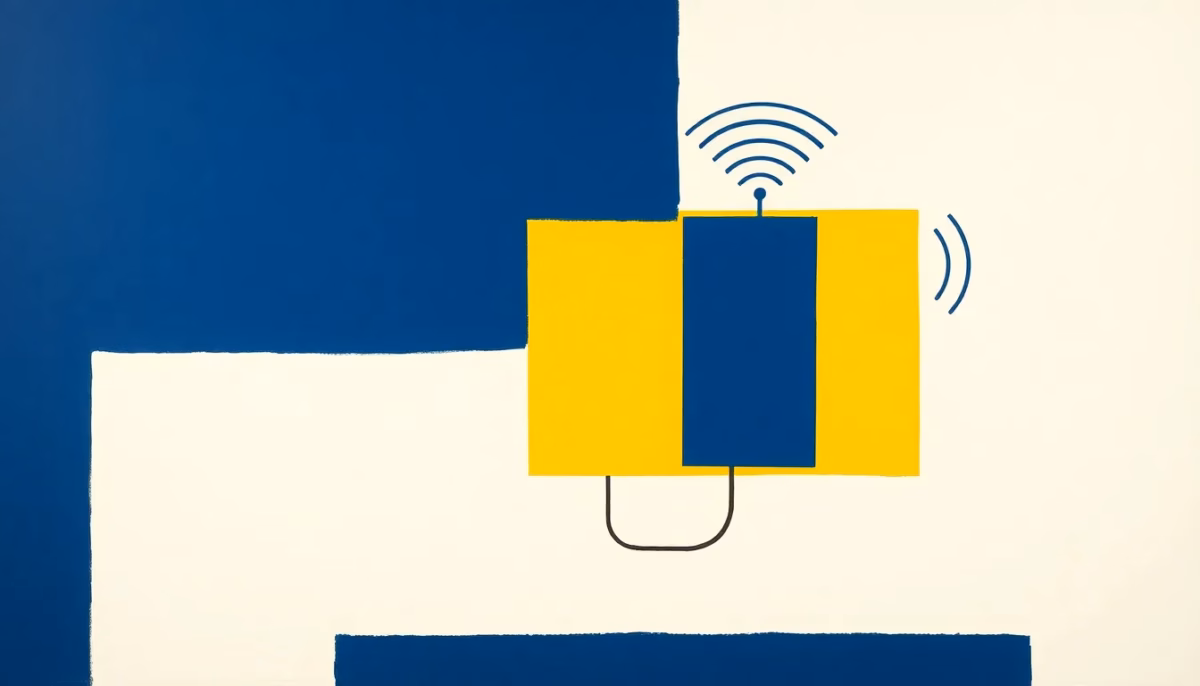 Suprematist abstract painting by Kazimir Malevich featuring a connected gas boiler emitting wireless diagnostic signal waves. Minimalist composition of bold navy blue and vibrant yellow geometric shapes on a stark white background. Flat textures, sharp edges, avant-garde electrical concept. No humans, no text.