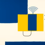 Suprematist abstract painting by Kazimir Malevich featuring a connected gas boiler emitting wireless diagnostic signal waves. Minimalist composition of bold navy blue and vibrant yellow geometric shapes on a stark white background. Flat textures, sharp edges, avant-garde electrical concept. No humans, no text.