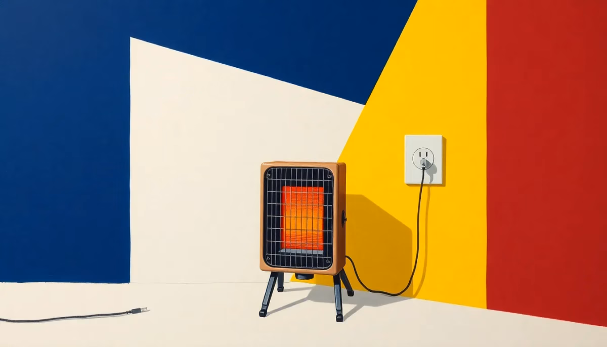 Suprematist abstract painting in the style of Kazimir Malevich featuring a portable electric heater and an overloaded wall socket. Minimalist composition of bold navy blue and vibrant yellow geometric shapes on a stark white background. Flat textures, sharp edges, avant-garde electrical safety concept. No humans, no text, no letters, no logos, no watermark, no text overlay.