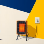 Suprematist abstract painting in the style of Kazimir Malevich featuring a portable electric heater and an overloaded wall socket. Minimalist composition of bold navy blue and vibrant yellow geometric shapes on a stark white background. Flat textures, sharp edges, avant-garde electrical safety concept. No humans, no text, no letters, no logos, no watermark, no text overlay.