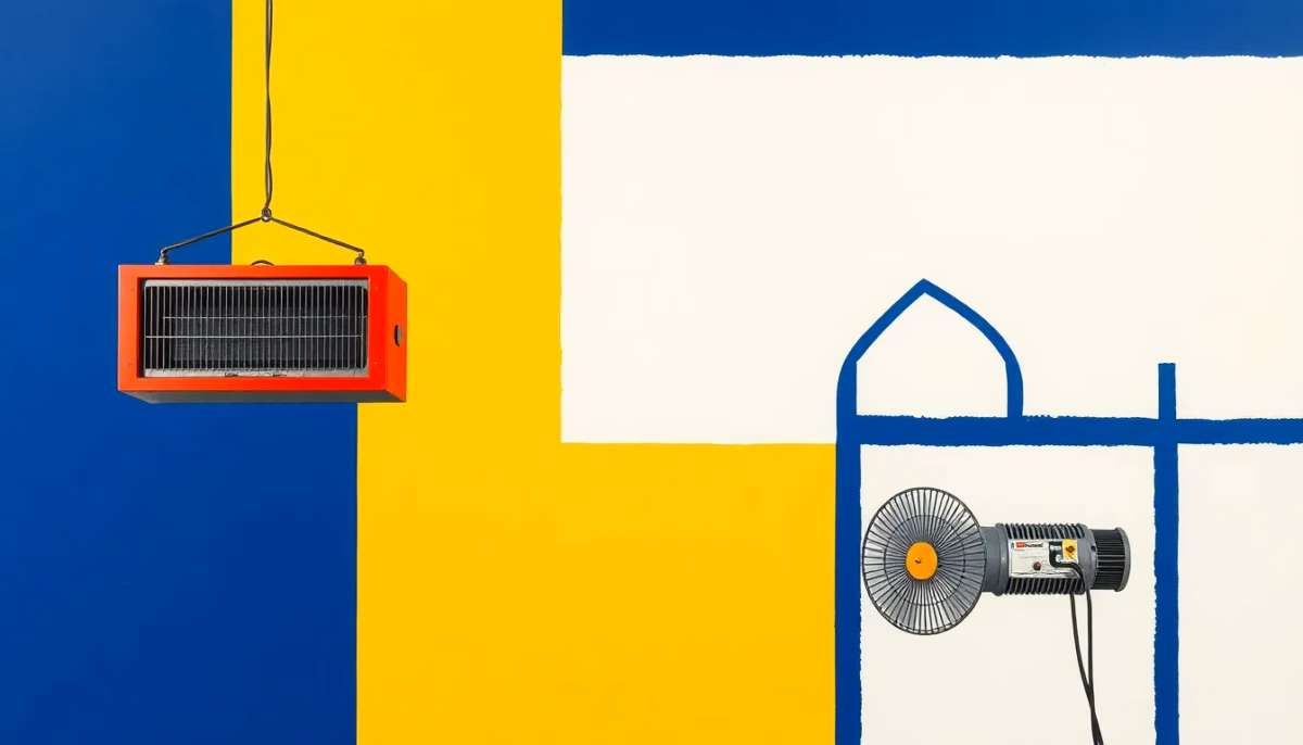 Suprematist abstract painting in the style of Kazimir Malevich featuring a suspended workshop heater and a greenhouse heat blower. Minimalist composition of bold navy blue and vibrant yellow geometric shapes on a stark white background. Flat textures, sharp edges, avant-garde electrical concept, no humans, no text, no lettering, no overlay, no watermark.