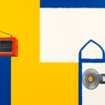 Suprematist abstract painting in the style of Kazimir Malevich featuring a suspended workshop heater and a greenhouse heat blower. Minimalist composition of bold navy blue and vibrant yellow geometric shapes on a stark white background. Flat textures, sharp edges, avant-garde electrical concept, no humans, no text, no lettering, no overlay, no watermark.