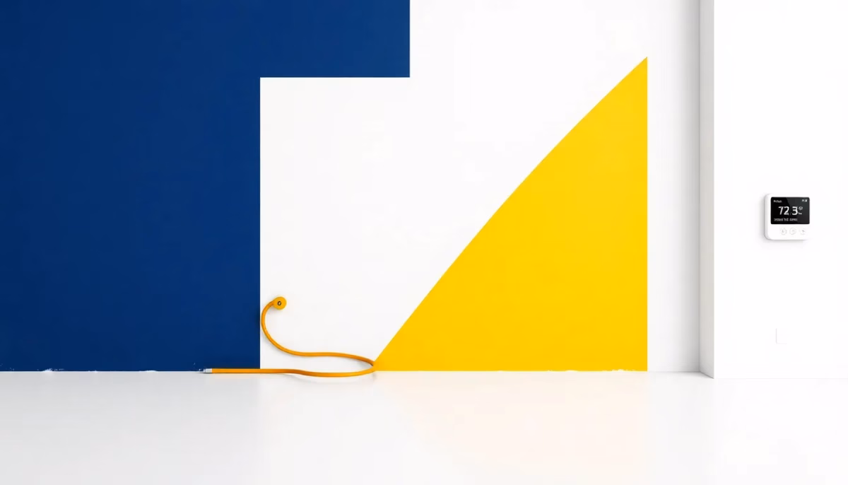 Suprematist abstract painting inspired by Kazimir Malevich, featuring an electric underfloor heating cable embedded in a concrete slab next to a wall-mounted smart thermostat. Minimalist composition of bold navy blue and vibrant yellow geometric shapes on a stark white background. Flat textures, sharp edges, avant-garde electrical concept. No humans, no text, no letters, no numbers, no logos.