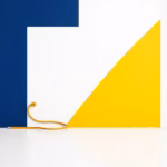 Suprematist abstract painting inspired by Kazimir Malevich, featuring an electric underfloor heating cable embedded in a concrete slab next to a wall-mounted smart thermostat. Minimalist composition of bold navy blue and vibrant yellow geometric shapes on a stark white background. Flat textures, sharp edges, avant-garde electrical concept. No humans, no text, no letters, no numbers, no logos.