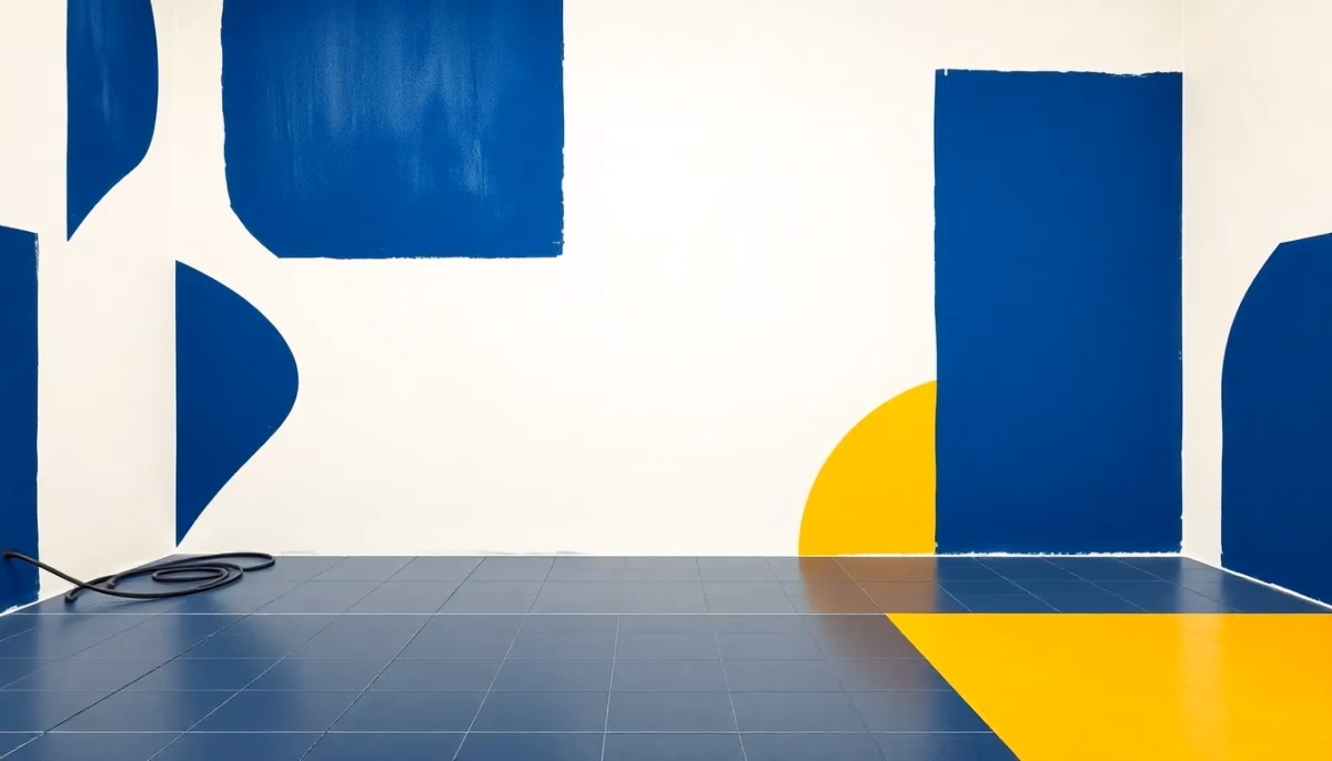 Suprematist abstract painting in the style of Kazimir Malevich depicting a warm bathroom floor with underfloor heating cables and ceramic tiles. Minimalist composition of bold navy blue and vibrant yellow geometric shapes on a stark white background. Flat textures, sharp edges, avant-garde electrical concept. No humans, no text.