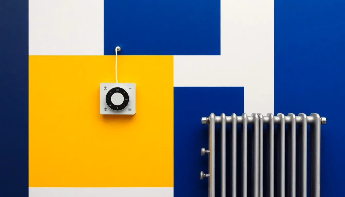 Suprematist abstract painting in the style of Kazimir Malevich featuring a wall-mounted connected thermostat and a cast-iron radiator. Minimalist composition of bold navy blue and vibrant yellow geometric shapes on a stark white background. Flat textures, sharp edges, avant-garde electrical concept. No humans, no text, no letters, no overlay.