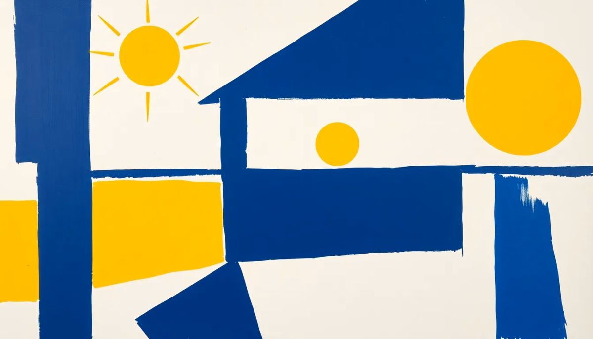 Suprematist abstract painting by Kazimir Malevich featuring a horse stable and barn heating concept with geometric radiating warmth shapes. Minimalist composition of bold navy blue and vibrant yellow geometric shapes on a stark white background. Flat textures, sharp edges, avant-garde electrical concept. No humans, no text overlay.