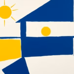 Suprematist abstract painting by Kazimir Malevich featuring a horse stable and barn heating concept with geometric radiating warmth shapes. Minimalist composition of bold navy blue and vibrant yellow geometric shapes on a stark white background. Flat textures, sharp edges, avant-garde electrical concept. No humans, no text overlay.