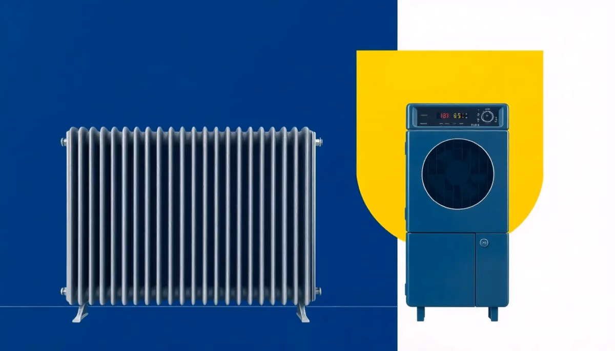 Suprematist abstract painting in the style of Kazimir Malevich: an old ribbed electric convector heater dissolving into a sleek modern inertia radiator, with a compact heat pump unit standing beside it. Minimalist composition of bold navy blue and vibrant yellow geometric shapes on a stark white background. Flat textures, sharp edges, avant-garde electrical concept. No humans, no text, no lettering, no watermark.