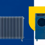 Suprematist abstract painting in the style of Kazimir Malevich: an old ribbed electric convector heater dissolving into a sleek modern inertia radiator, with a compact heat pump unit standing beside it. Minimalist composition of bold navy blue and vibrant yellow geometric shapes on a stark white background. Flat textures, sharp edges, avant-garde electrical concept. No humans, no text, no lettering, no watermark.