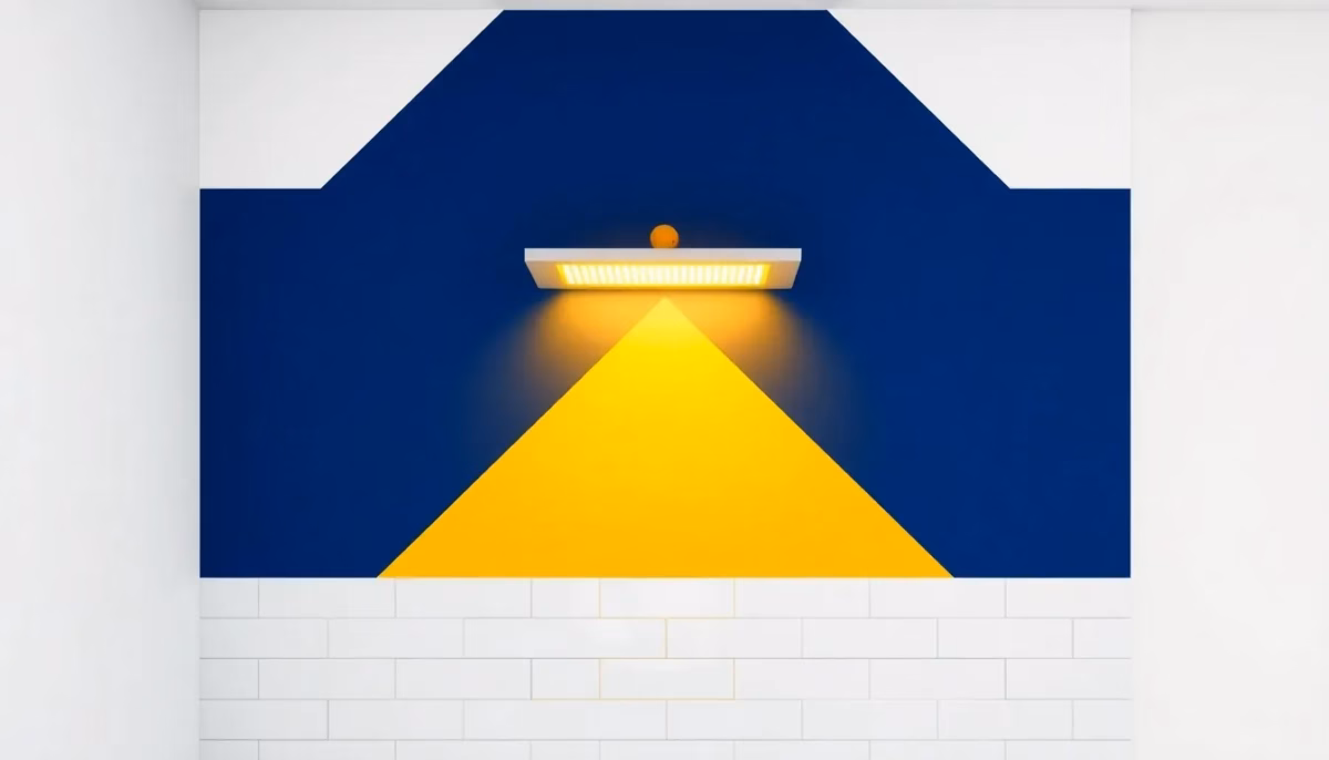 Suprematist abstract painting by Kazimir Malevich featuring a wall-mounted infrared radiant heating panel glowing above a tiled shower in a humid bathroom. Minimalist composition of bold navy blue and vibrant yellow geometric shapes on a stark white background. Flat textures, sharp edges, avant-garde electrical concept. No humans, no text overlay.