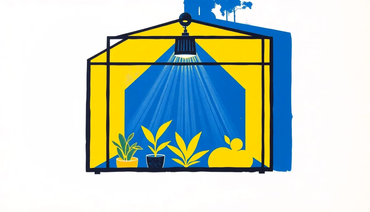 Suprematist abstract painting by Kazimir Malevich featuring a geometric glass greenhouse with a glowing electric fan heater radiating warm yellow beams over abstract plant forms. Minimalist composition of bold navy blue and vibrant yellow geometric shapes on a stark white background. Flat textures, sharp edges, avant-garde electrical concept. No humans, no text, no watermark.