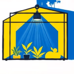 Suprematist abstract painting by Kazimir Malevich featuring a geometric glass greenhouse with a glowing electric fan heater radiating warm yellow beams over abstract plant forms. Minimalist composition of bold navy blue and vibrant yellow geometric shapes on a stark white background. Flat textures, sharp edges, avant-garde electrical concept. No humans, no text, no watermark.